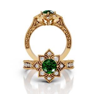 6mm Round Emerald Flower Engagement Ring 14K Solid Gold Emerald Engagement Ring Birthstone Ring Promise Bridal Ring Anniversary Wedding Ring