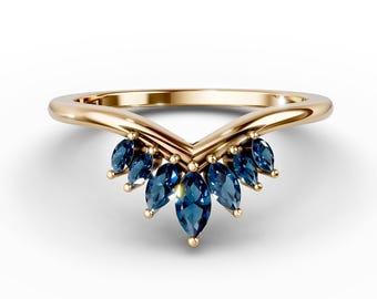 14K Gold London Blue Topaz Curved Wedding Band Marquise Blue Topaz Curved Engagement Ring Minimalist Contour Curved Band December Birthstone