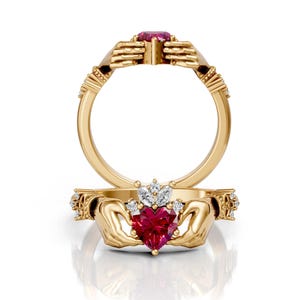 Ruby Claddagh Wedding Ring Celtic Knot Unique Heart Shape Proposal Ring Claddagh Art Deco Engagement Love Ring Irish Crown Ring For Women