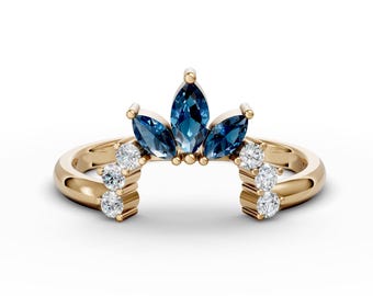 14K Gold London Blue Topaz Square Curved Wedding Band Marquise Blue Topaz Curved Engagement Ring Minimalist Contour Band December Birthstone