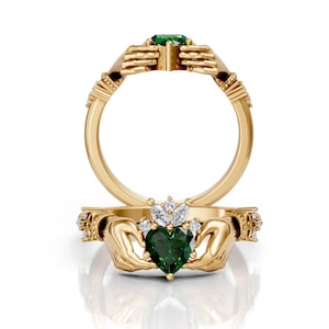 Emerald Claddagh Wedding Ring Celtic Knot Unique Heart Shape Proposal Ring Claddagh Art Deco Engagement Love Ring Irish Crown Ring For Women