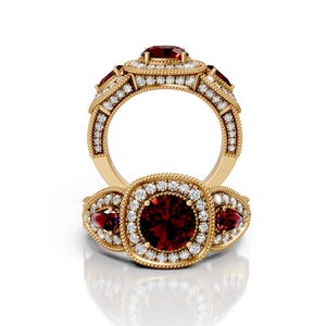 7mm Round Garnet Engagement Ring 14K Solid Gold Garnet Halo Engagement Ring Natural Red Garnet Promise Ring Anniversary & Wedding Ring
