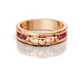 Rubin Claddagh Hochzeit Ring Einzigartige Rosa Edelstein Vorschlag Ring Claddagh Art-Deco-Verlobung Liebesring Irische Krone Jahrestagsring für Frauen