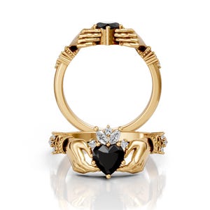 Black Onyx Claddagh Wedding Ring Celtic Knot Irish Crown Ring Onyx Claddagh Ring Heart Engagement Ring Gift For Wife Love Promise Ring Her
