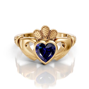 Blue Sapphire Claddagh Wedding Ring Unique Heart Shape Proposal Ring Claddagh Engagement Love Ring Irish Crown Anniversary Ring For Women