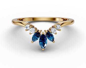 14K Gold London Blue Topaz Curved Wedding Band Marquise Blue Topaz Curved Engagement Ring Minimalist Contour Curved Band December Birthstone