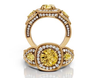 7mm Round Yellow Sapphire Engagement Ring 14K Solid Gold Yellow Sapphire Halo Engagement Ring Promise Bridal Ring Anniversary & Wedding Ring