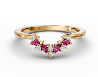 Anillo de bodas curvo con rubí en oro de 14 quilates, anillo de compromiso curvo con rubí marquesa, anillo nupcial apilable para ella, anillo de contorno, rubí, piedra natal de julio