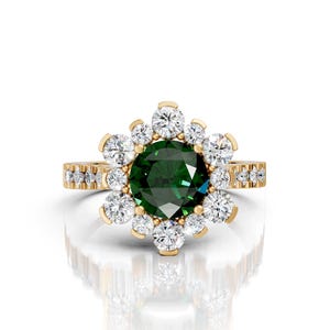 7mm Round Emerald Flower Engagement Ring 14K Solid Gold Emerald Engagement Ring Birthstone Ring Promise Bridal Ring Anniversary Wedding Ring