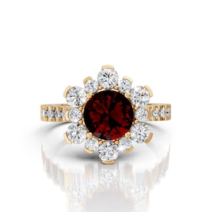 7mm Round Garnet Flower Engagement Ring 14K Solid Gold Garnet Halo Engagement Ring Natural Red Garnet Promise Ring Anniversary Wedding Ring