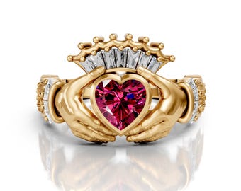 Rubin Claddagh Ehering Einzigartige Herzform Vorschlag Ring Claddagh Art-Deco-Verlobung Liebesring Irische Krone Jahrestagsring für Frauen