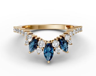 14K Gold London Blue Topaz Curved Wedding Band Marquise Blue Topaz Curved Engagement Ring Minimalist Contour Curved Band December Birthstone