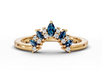 14K Gold London Blue Topaz Curved Wedding Band Marquise Blue Topaz Curved Engagement Ring Minimalist Contour Curved Band December Birthstone