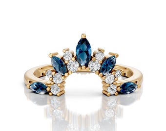 14K Gold London Blue Topaz Curved Wedding Band Marquise Blue Topaz Curved Engagement Ring Minimalist Contour Curved Band December Birthstone