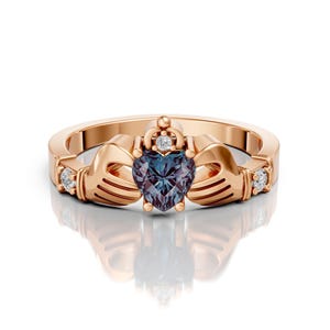 Alexandrite Claddagh Wedding Ring Unique Heart Shape Proposal Ring Claddagh Art Deco Engagement Irish Crown Ring Women June Birthstone Ring