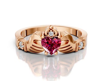 Rubin Claddagh Ehering Einzigartige Herzform Vorschlag Ring Claddagh Art-Deco-Verlobung Liebesring Irische Krone Jahrestagsring für Frauen