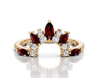 14K Złoty Granat Zakrzywiony Obrączka Ślubna Minimalistyczny Marquise Granat Zakrzywiony Pierścionek Zaręczynowy Granat Konturowy Zakrzywiony Pierścień Kamień Urodzinowy Styczeń