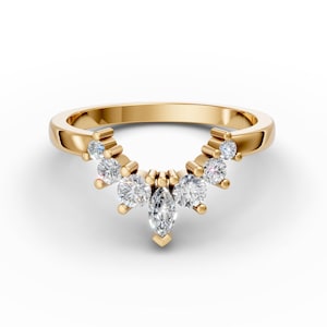 Anello nuziale curvo in moissanite in oro 14K, anello di fidanzamento curvo Marquise, anello impilabile curvo minimalista per lei, anello contorno, anello promessa