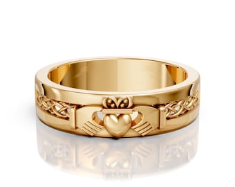 Anello Claddagh Band in oro 14 carati a forma di cuore, anello celtico con corona irlandese, anello di fidanzamento, anello dell'amicizia, anello celtico Claddagh tradizionale.