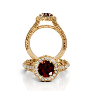7mm Round Garnet Engagement Ring 14K Solid Gold Garnet Halo Engagement Ring Natural Red Garnet Promise Ring Anniversary & Wedding Ring