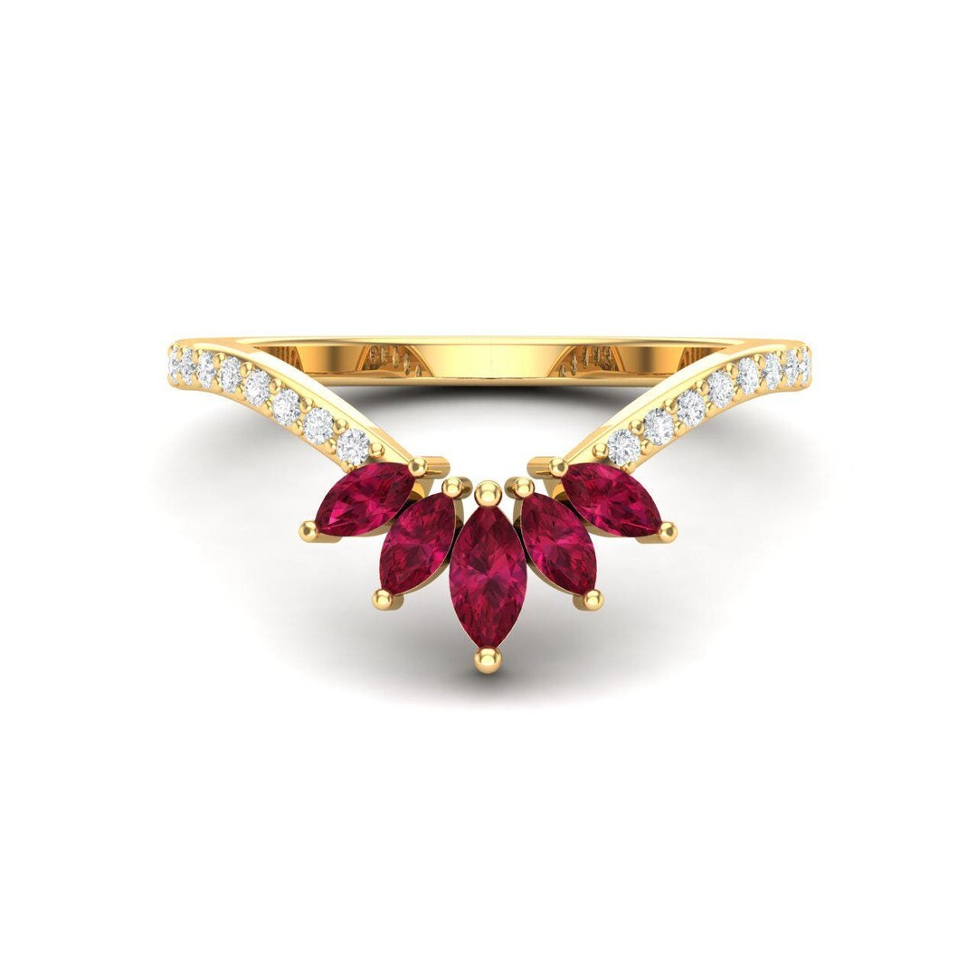14K Solid Gold Ruby Curved Wedding Band Unique Red Stone Minimalist ...