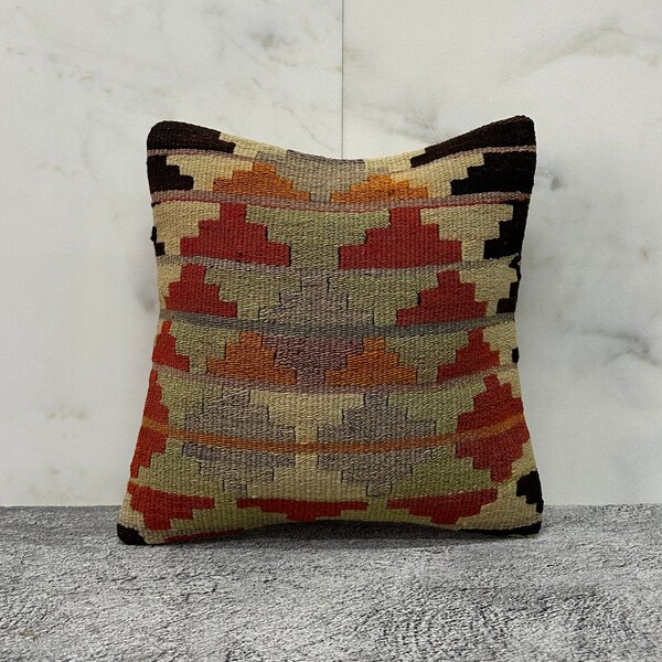 Kilim Pillow Cover 16x16, Turkish Pillow, Kilim Cushion Cover, Bohemian Pillow Cover, Kilim Pillow, Tribal Pillow, Ethnic Pillow No:0355