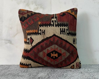 Handwoven Turkish Kilim Pillow, 16x16 Pillow Case, Decorative Throw Pillow, Boho Pillow, Tribal Pillow, Cushion Cover, Pillow Cover No:0005