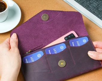 Personalized Top Grain Leather Envelope Clutch Wallet, Women's Slim Card Wallet, Multifunctional Clutch & Credit Holder, Handmade Gift