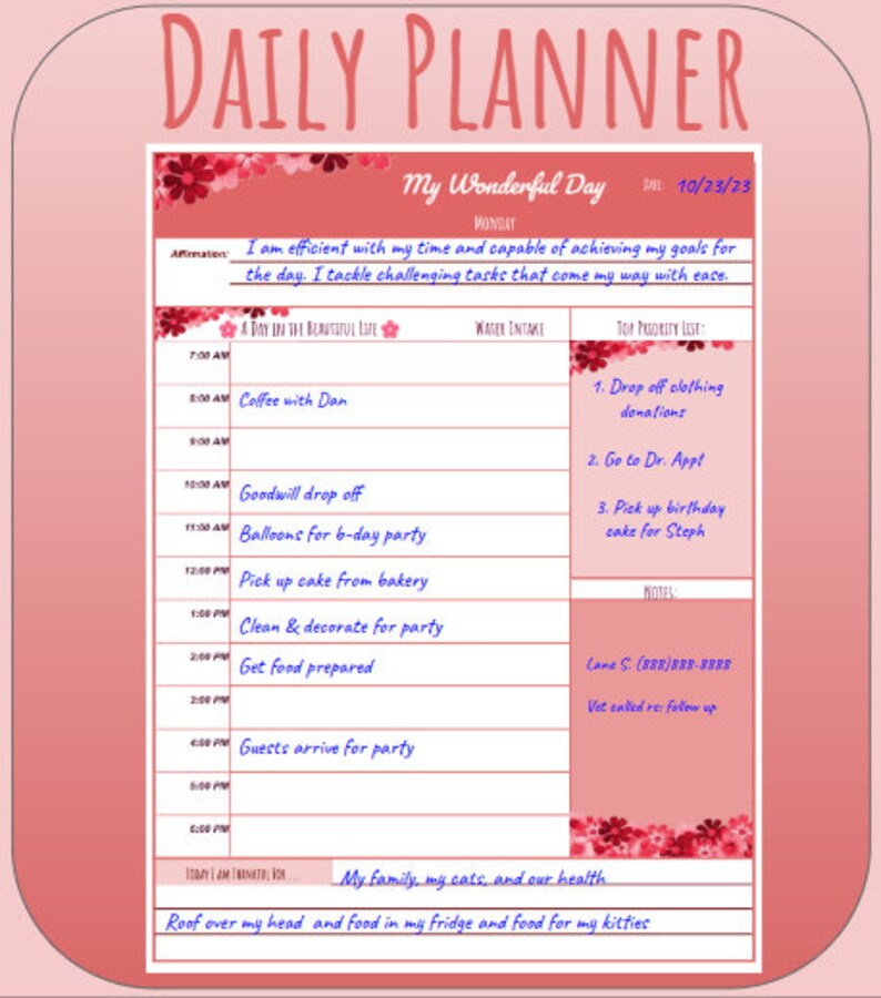 Fun Floral Daily and Hourly Tracker Digital Download Planner Template Track Water Intake Todo