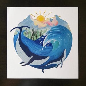 May include: A watercolor painting of two whales swimming in a blue wave. The whales are black and white, and the wave is a vibrant blue with white foam. The background is a colorful landscape with mountains and a yellow sun.