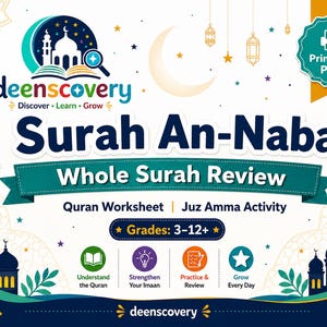 Può includere: Un colorato foglio di lavoro educativo intitolato "Surah An-Naba Whole Surah Review" con il logo "deenscovery". Il design include una luna crescente, stelle e sagome di moschee. È un PDF stampabile per le classi 3-12+.