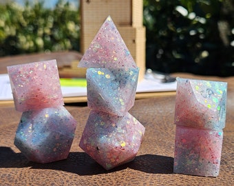 Cotton Candy sparkle, Squishy Dice polyhedral set of 7