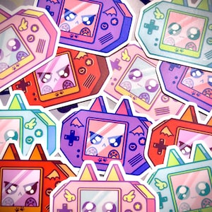 Pegatina de gato de videojuego / Pegatina mate de ángel/diablo inspirada en Gameboy / Vibrante / Pastel / Vinilo laminado resistente al agua y a los arañazos