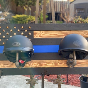 Motorcycle, bicycle helmet rack, Thin blue line, American, patriotic or custom flag design, helmet holders