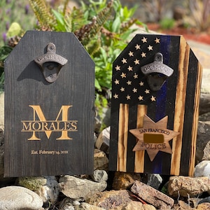 Thin blue line bottle openers, Custom engraved bottle openers, USA flag bottle openers