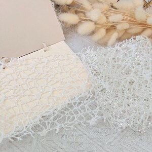 May include: Two pieces of white lace fabric with a delicate, intricate pattern. One piece is smooth and the other has a subtle sparkle.