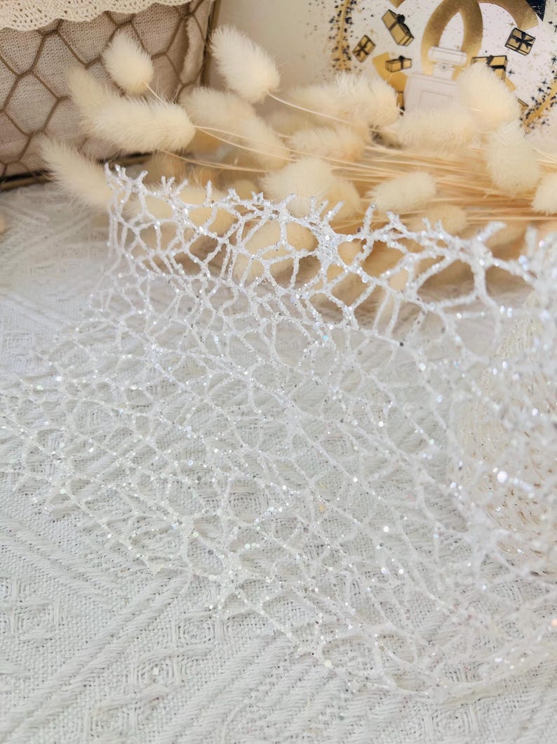 May include: White sparkly mesh fabric with a delicate, intricate pattern. The fabric has a subtle shimmer and is perfect for adding a touch of elegance to any project.