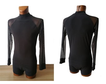 May include: Black long-sleeved shirt with a mesh overlay. The shirt has a high neck and a fitted silhouette.