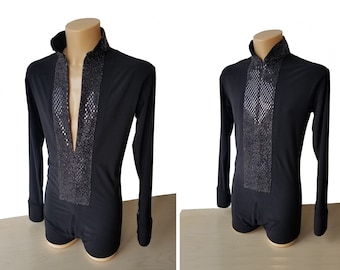 MS056s Mens Body Shirt with zip and Black sparkle front trim