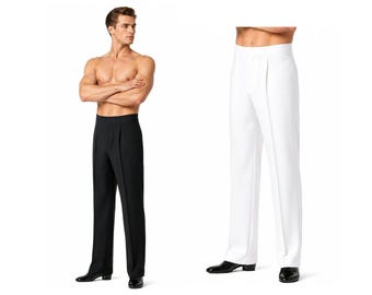 May include: A pair of high-waisted trousers featuring a straight-leg cut, a clean waistband, and a single front pleat on each side. These trousers are available in solid black and solid white, both styled with a smooth finish and a classic tailored fit.