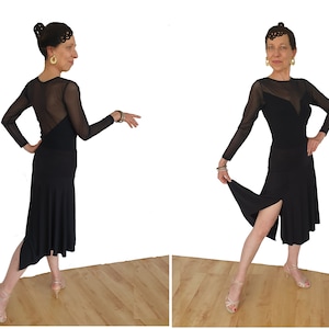 DR076 Argentine Tango and Multi-style Dance Dress with sleeves and two small Slits