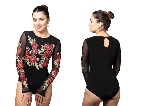 Double strap embroidered mesh overlay bodysuit dress online