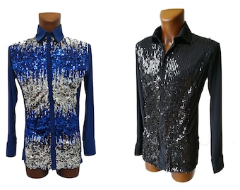 MS064 Sequin front Mens Stretch Shirt with Single button cuff