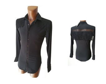 MT055 Chemise de danse stretch noire à franges avec fermeture éclair (pas de short)