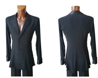 May include: A black long-sleeved shirt with a satin collar and a fitted, slightly flared design. The shirt has a button-up front and a subtle sparkle throughout the fabric.