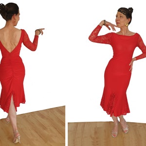 DR228L Open back, long sleeve Latin / Tango dress with Lace godets