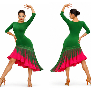 Puede incluir: Vestido de baile verde y rosa con flecos. El vestido tiene un corpiño ajustado y una falda acampanada. La modelo lleva pendientes y tacones dorados. El vestido está diseñado para actuaciones de baile.