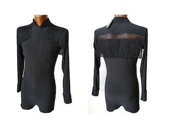 MS055 Chemise de danse stretch noire à franges avec fermeture éclair. Construit sur un short