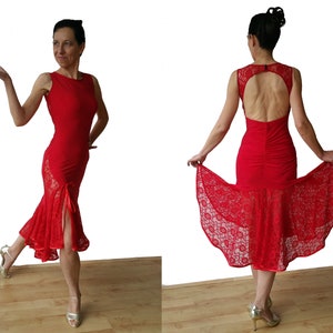 May include: A red sleeveless dance dress with a lace overlay and a keyhole back. The dress has a fitted bodice and a flowing skirt.