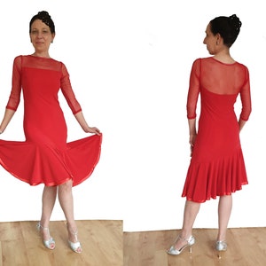 DR248 Ballroom Latin Stretch Dance Dress with mesh top and sleeves